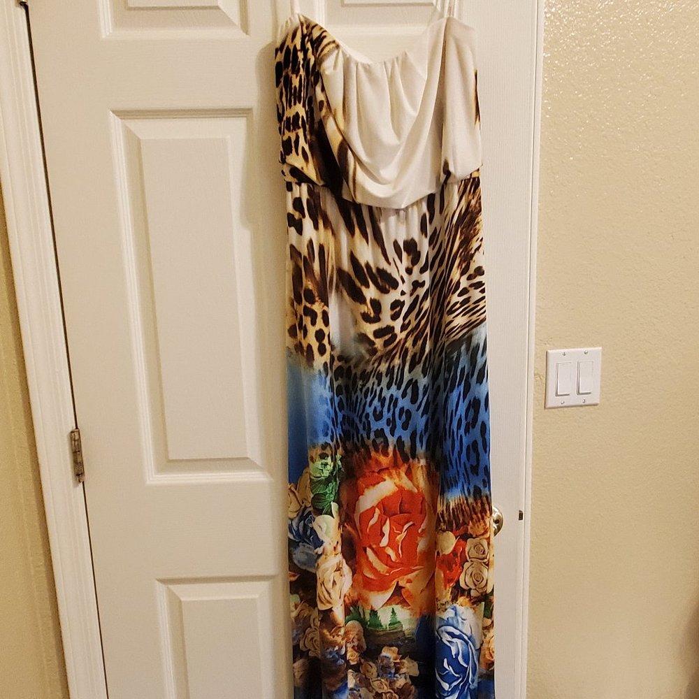 STRAPLESS MAXI DRESS STUNNING FLORAL LEOPARD PRINT SZ 8